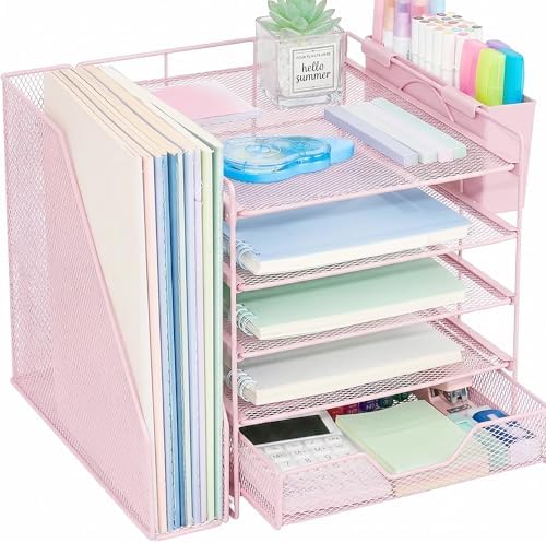 5-Tier Desk File Organizer with Drawer & Pen Holder (Pink)