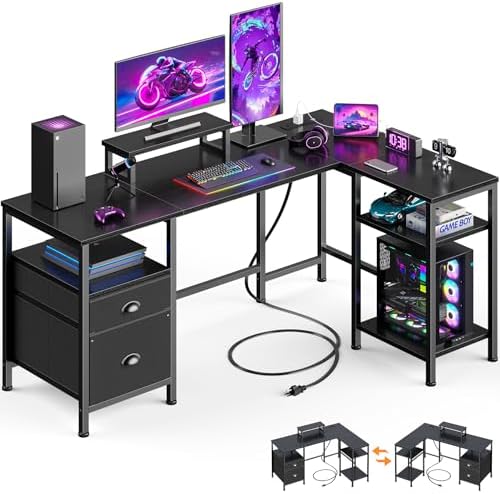 Furologee 50 Inch L Shaped Gaming Desk with Power Outlet and Drawers, Black