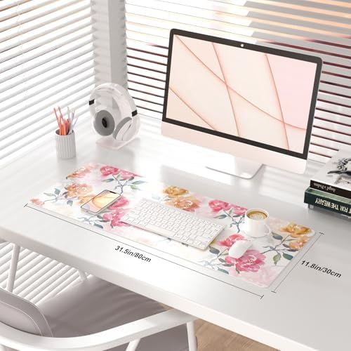 QiyI PU Leather Large Mouse Pad, Office Desk Mat, 31.5" x 11.8", Peonies