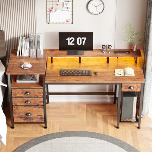 Furologee 60" Computer Desk with 4 Drawers, Power Outlet, LED, Rustic Brown