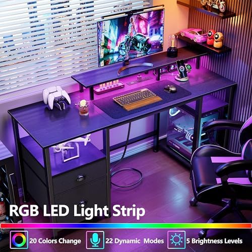 Furologee 51" Gaming Desk with Power Outlets & LED Lights, Reversible Computer Desk with File Cabinet & Monitor Stand for Home Office, Large Work Table with Storage Shelves & Drawer, Black