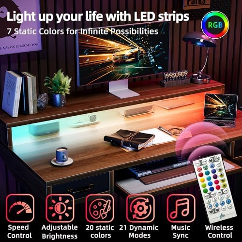 TIQLAB Standing Desk with Two Drawers, Stand Up Standing Desk Adjustable Height, Electric Sit Stand Table with Storage Shelf and Splice Board, with LED Light, 55 * 28 inch, Black Walnut