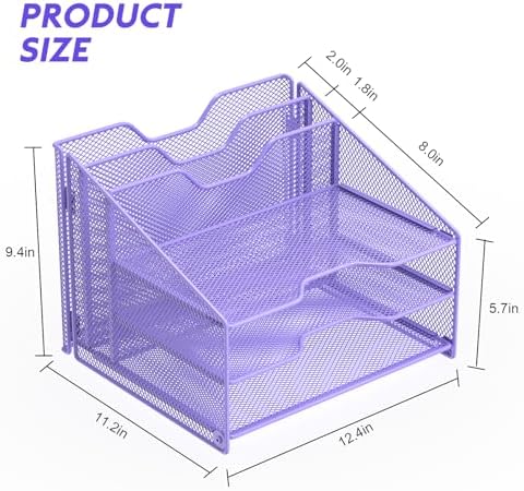 Samstar Purple Desk File Organizer, Mesh Letter File Folder Holder with 3 Paper Trays and 2 Vertical Upright Section, for Office Supplies, Desk Accessories & Workspace, Purple