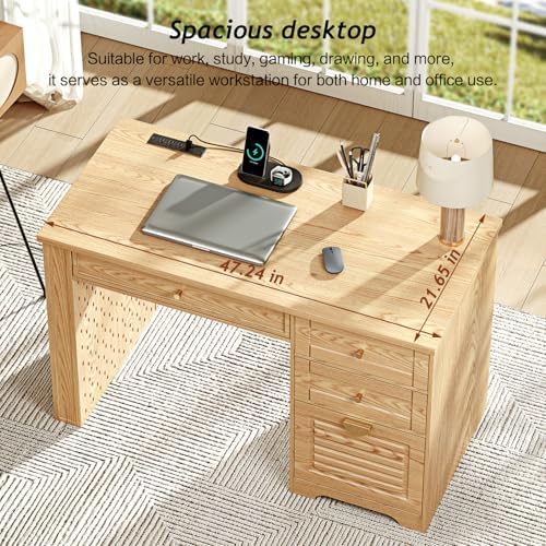 Ieejdn 47" Home Office Desks, Executive Desk, Farmhouse Computer Desk with Drawers and Charging Station, File Drawer, Storage Cabinet, Rustic Computer Writing Desk,Antique Natural