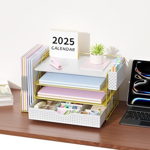 Wood Desk Organizers and Accessories with File Holder, 4-Tier Desk Accessories & Workspace Organizers with Drawer and Pen Holder, Desk Reference Organizer (Gold, 4T with Drawer)