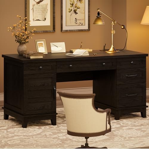 GarveeHome Farmhouse Executive Desk with File Drawers, 60 in Home Office Desk with Charging Station, Wooden Computer Desk with Cabinet Storage for Work Study Writing, Rustic Black