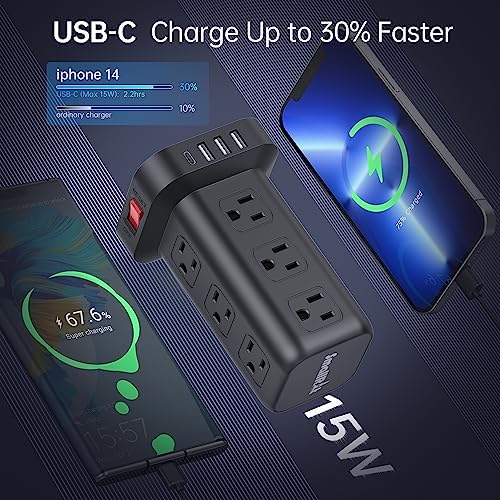 2 Pcs Extension Cord with Multiple Outlets, SMALLRT Power Strip Tower, Outlet Extender with 12 AC Outlets 4 USB, 6.5FT Extension Cord for Home Office Dorm Room, Overload Protection