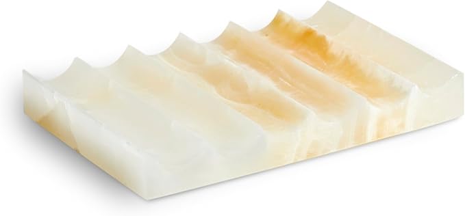 Luxurious Marble Soap Dish Jewelry Ring Tray - Rectangle Stone Soap Tray & Saver for Shower – Self Draining Soap Holder for Bathroom, Kitchen, White Onyx