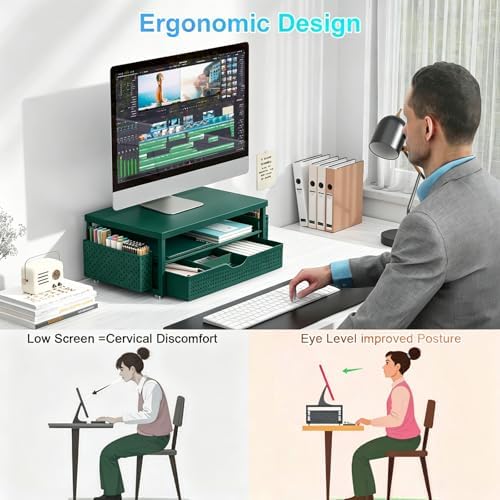 gianotter Desk Organizers and Accessories, Monitor Stand with Drawer and 2 Pen Holder, Desktop Organizer Suitable for Offices and Dormitories (Green)