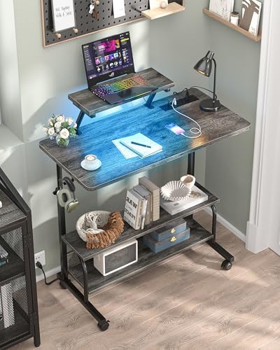 Height Adjustable Standing Desk with Power Outlets and LED Lights - 32" Manual Stand Up Desk with Monitor Stand and Storage Shelves Small Mobile Rolling Computer Desk Portable Laptop Table, Grey Oak