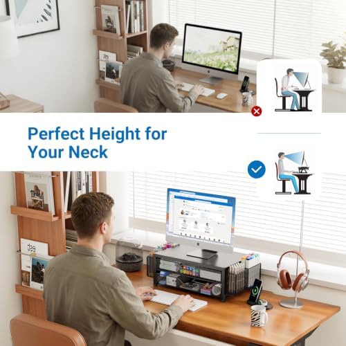 OPNICE Desk Organizer and Accessories, 2-Tier Computer Monitor Stand Riser with Drawer and 2 Pen Holders, Laptop Stand, Office Desk Accessories for Office Supplies, Soft Black