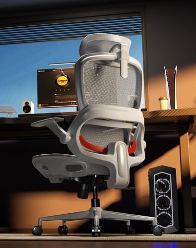 SIHOO B100 Office Chair, Comfy Ergonomic Office Chair, High Back Computer Chair with Adaptive Lumbar Support & wide Headrest, Flip-up Armrests, Swivel Desk Chair for Long Hours, WITHOUT Footrest, Grey