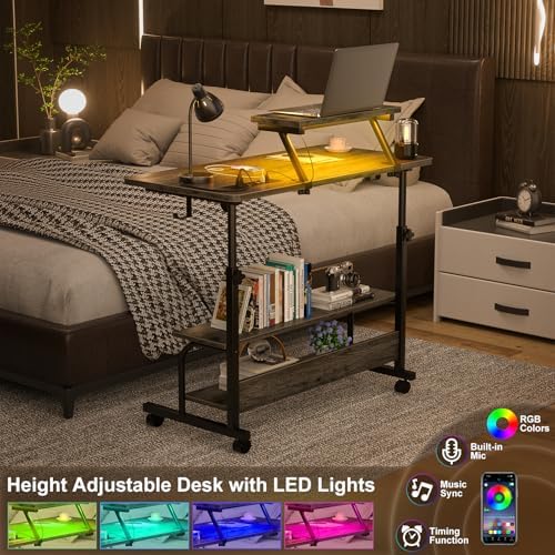 Height Adjustable Standing Desk with Power Outlets and LED Lights - 32" Manual Stand Up Desk with Monitor Stand and Storage Shelves Small Mobile Rolling Computer Desk Portable Laptop Table, Grey Oak