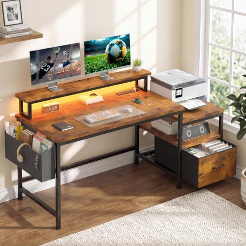 EnHomee 56.5" Office Desk with Drawers & Printer Space for Home Work,Brown