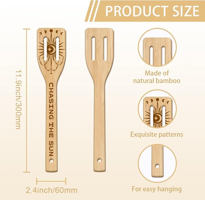 GLOBLELAND 6Pcs Sun and Moon Bamboo Cooking Utensils Wooden Engraved Cooking Spoons Set Moon Phases Kitchen Bamboo Spatula for Women and Men Wood Cooking Spoon for Kitchen House Warming Gift