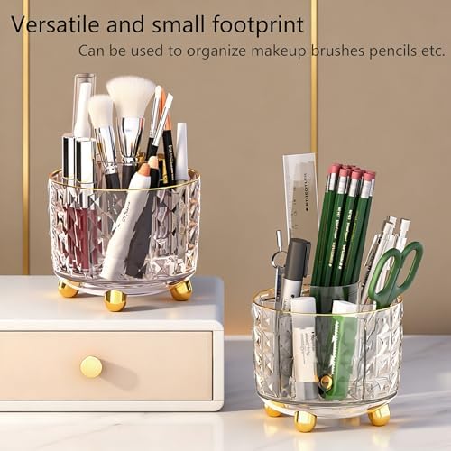 GOTOBA 360° Rotating Pencil Holder for Desk, Makeup Brush Holder with 6 Slots, Desk Organizer for Writing Utensil, Office and School Supplies (Transparent)