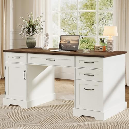 OffiGo Farmhouse 59 Inch Executive Desk with Drawers, Walnut+White