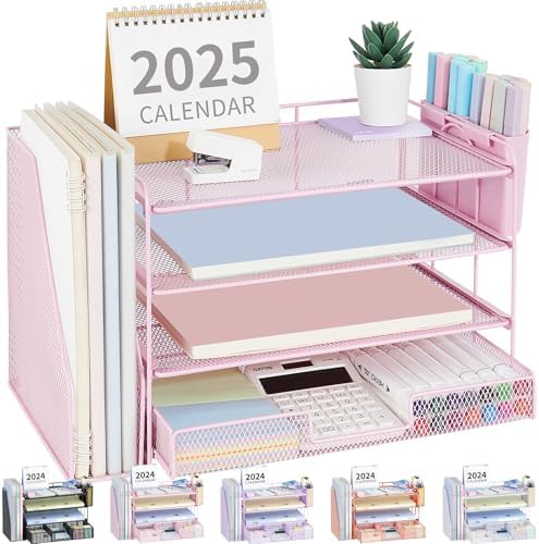 OPNICE Desk Organizer, 4-Tier Desktop File Organizer with Drawer and Pen Holders, Office Desk Accessories, File Sorters, Workspace Organizers for Office Supplies(Pink)