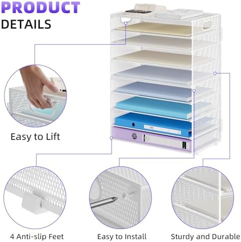 Marbrasse Paper Organizer Letter Tray, 9 Tier Mesh File Organizer with Handle, Paper Sorter Desk Organizer for Home Office Supplies - White