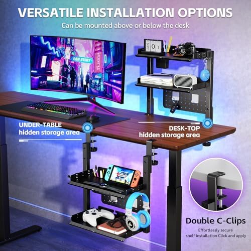 Metal Clamp On Desk Shelf,Storage Shelves with Pegboard and Pencil Holder