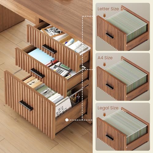 SEDETA Fluted L Shaped Electric Standing Desk, 63" x 67" Height Adjustable Home Office Executive Desk with Drawers and Shelves, Two Person Desk with Power Outlet for Home Office, Brown