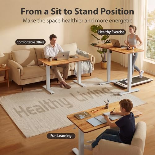 Cubiker Standing Desk, 55x24 Inches Sit Stand Home Office Desk, Electric Stand up Desk, Adjustable Desk with Splice Board, White Frame/Light Rustic Top