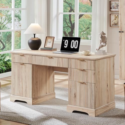 58" Modern Wood Executive Desk with 5 Drawers & 1 Cabinet, Built‑in Outlet