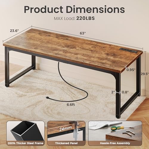 Huuger 63 x 24 inch Desk with Power Outlets & 0.95 Inch Thicker Desktop