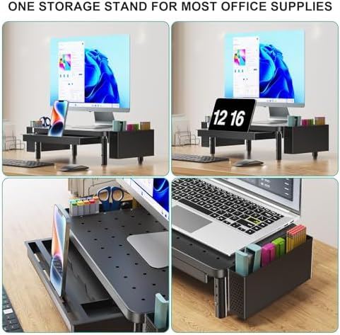 WALI Desk Organizer with Drawer and Pen Holder, 2 Tier Computer Monitor Stand for Home Office Supplies, 3 Height Adjustable Laptop Stand Riser for Computer, Laptop, Printer(PTT003-B), 1 Pack, Black