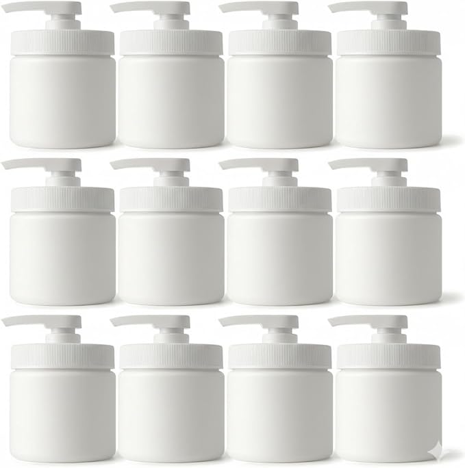 Royal Massage 16oz Refillable Pump Jar with Locking Dip Tube Dispenser – BPA-Free Plastic Container for Massage Oils, Lotions, Creams – Ribbed Lid Wide-Mouth Jar – Durable & Reusable (White/White, 12)