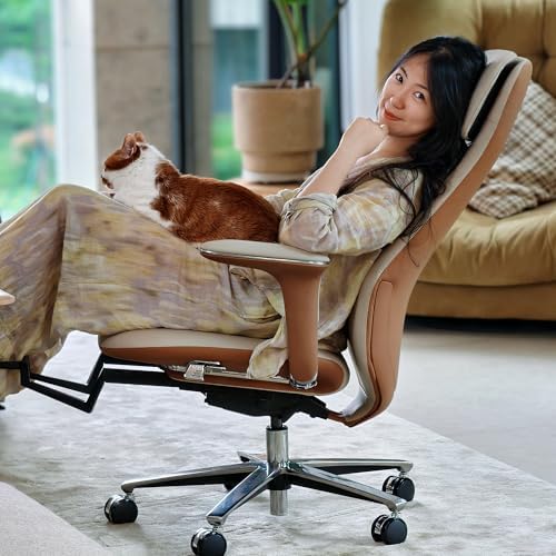 TOMU Executive Office Chair with Foot Rest, Top Grain Genuine Leather Office Chair, Ergonomic High Back Design. Real Leather, Wheels, Alumium Base. Padded Armrest, Luxury and Comfy (Beige)