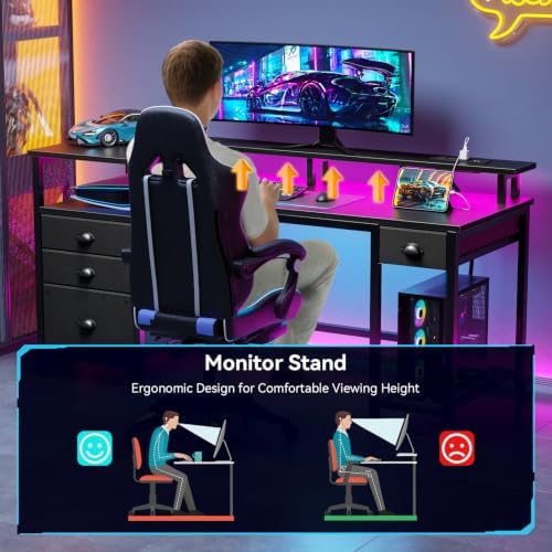 Furologee 60" Black Computer Desk with 4 Drawers and Printer Space, Gaming Desk with LED Lights and USB Power Outlets, Home Office Desk with Fabric File Cabinet,Study Work Table with Shelf for Bedroom