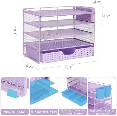 LEKETREE Desk Organizers and Accessories, 5-Tier Paper Letter Tray Organizer with Drawer & 2 Pen Holders, Desktop Organizer for Office Supplies (Purple)