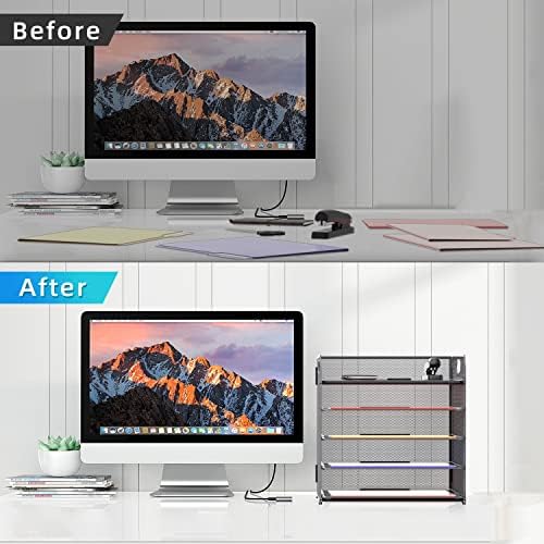 Supeasy 5 Trays Paper Organizer Letter Tray with Handle-Mesh Desk File Organizer, Grey Paper Sorter Desk Organizer for Office, Home or School