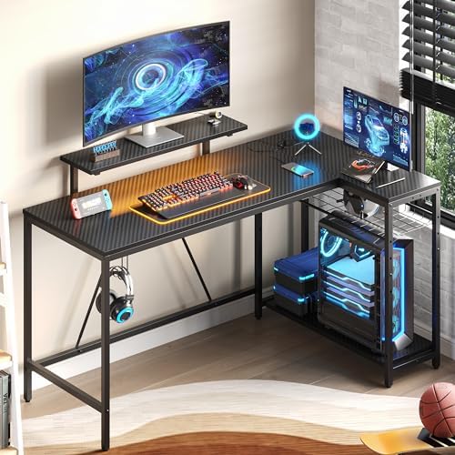 Bestier 58-Inch L-Shaped Gaming Desk with Charging & LED, Black