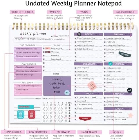 Thboxes Weekly Desk Planner, 8.5x11In To Do List Notepad, 52 Sheets, Purple