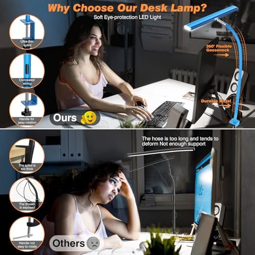 Airlonv LED Desk Lamp with Clamp, 17" Stepless Dimming Light, Blue
