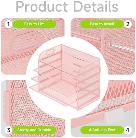 Cawukege 2 Pack 5 Tier Paper Organizer, Letter Tray with Handle, Mesh Desk Organizer, Metal File Organizer, Office Desk Accessories for Home, Office, Classroom, School (Pink, 2)