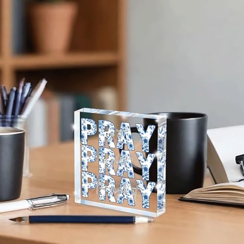 Blue and White Inspirational Decor, Blue Floral Chinoiserie Desk Decorations for Office, Ideal Christian Gifts for Women - Pray On It,Pray Over It - Bible Verse Desk Art, Dorm Room Decor for Women