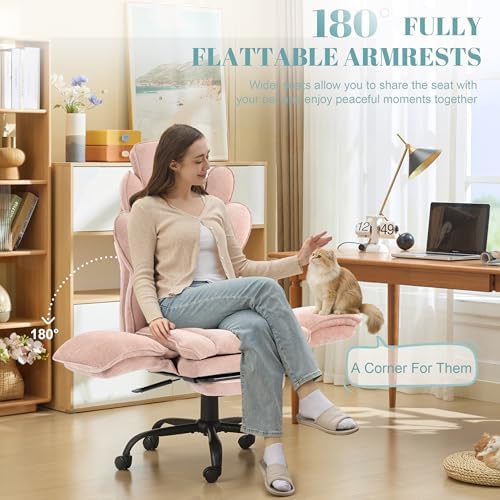 Flip Armrests Criss Cross Office Chair, Reclining Office Chair with Foot Rest, Adjustable Headrest, Massage Waist Pillow, Cross Legged Big and Tall Desk Chair Wide Seat Vanity Chair, Pink Fabric