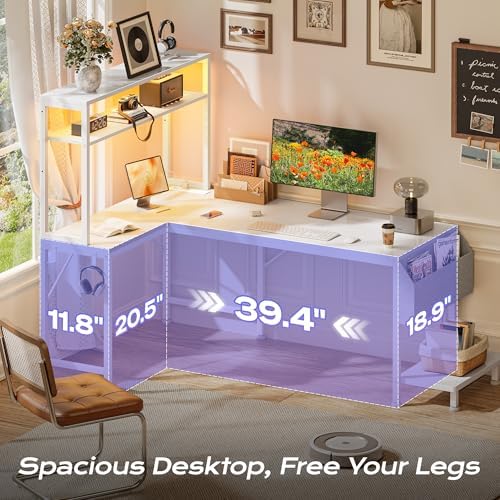 PRAISUN L Shaped Gaming Desk with LED Lights & Power Outlets