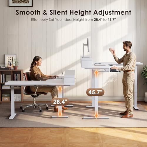 OffiGo 59 Inch L Shaped Electric Standing Desk with Drawers, White