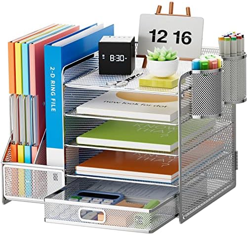 Marbrasse Desk Organizer with File Holder, 5-Tier Paper Letter Tray Organizer with Drawer and 2 Pen Holder, Mesh Desktop Organizer and Storage with Magazine Holder for Office Supplies (Silver)