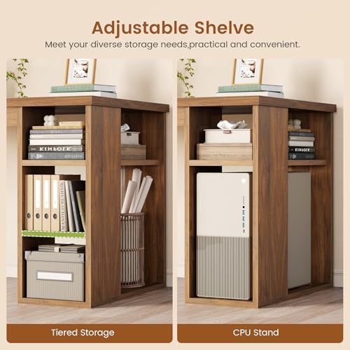SEDETA 67" Farmhouse L Shaped Desk with 3 Drawers, Executive Home Office Desks with Storage Shelves, Corner Computer Desk with Power Outlets for Home Office, Brown