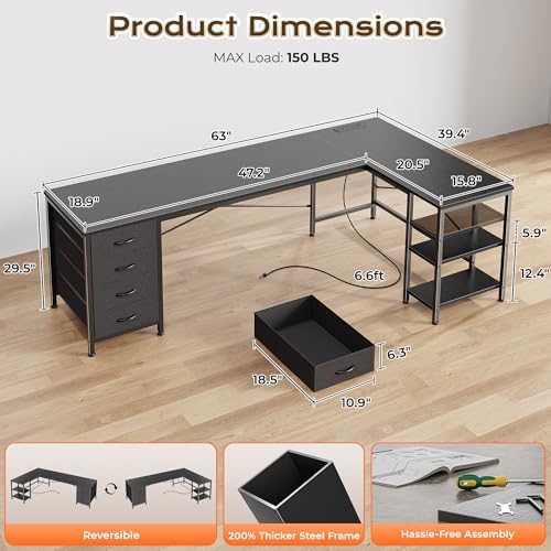 Huuger 63 Inch L Shaped Desk with Fabric Drawers, Reversible Computer Gaming Desk with Power Outlets and USB-C Port, Adjustable Side Storage Shelves, for Work Study Corner Home Office, Black