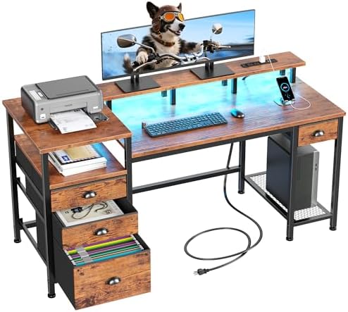 Furologee 60" Computer Desk with 4 Drawers, Power Outlet, LED, Rustic Brown