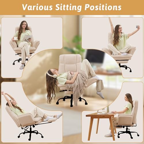 Wider Seat Office Chair with Flip Armrests for Criss Cross Legged&Cats, Big and Tall Executive Ergonomic Reclining Chair with Footrest&Lumbar Pillow, Teddy Fleece Desk Chair,Beige Vanity Chair