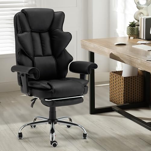 HOMREST 6-Point Massage Office Chair,Heating Executive Chairs,Ergonomic Home Office Desk Chairs with Retractable Footrest and Reclining Function,Leather Computer Chair with Adjustable Armrest(Black)