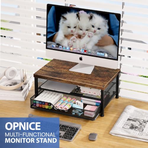 OPNICE Computer Monitor Stand Riser, Desk Organizer with Drawer, Printer & Laptop Stand, Office Desk Accessories & Workspace Desktop Organizers Storage for Office Supplies(Brown)