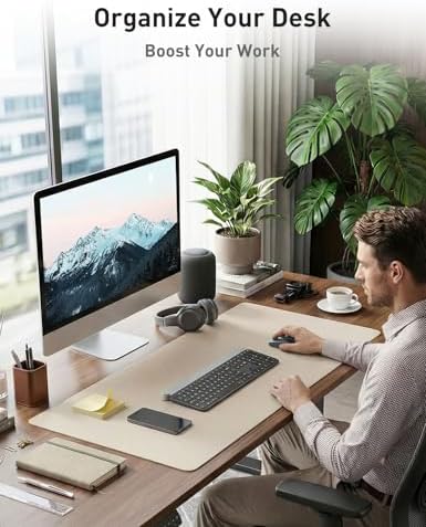 Aothia Faux Leather Desk Mat - Non-Slip PU Leather Desk Blotter, Waterproof Writing Surface, Large Desk Pad for Office & Home (Eggshell, 55" x 24")